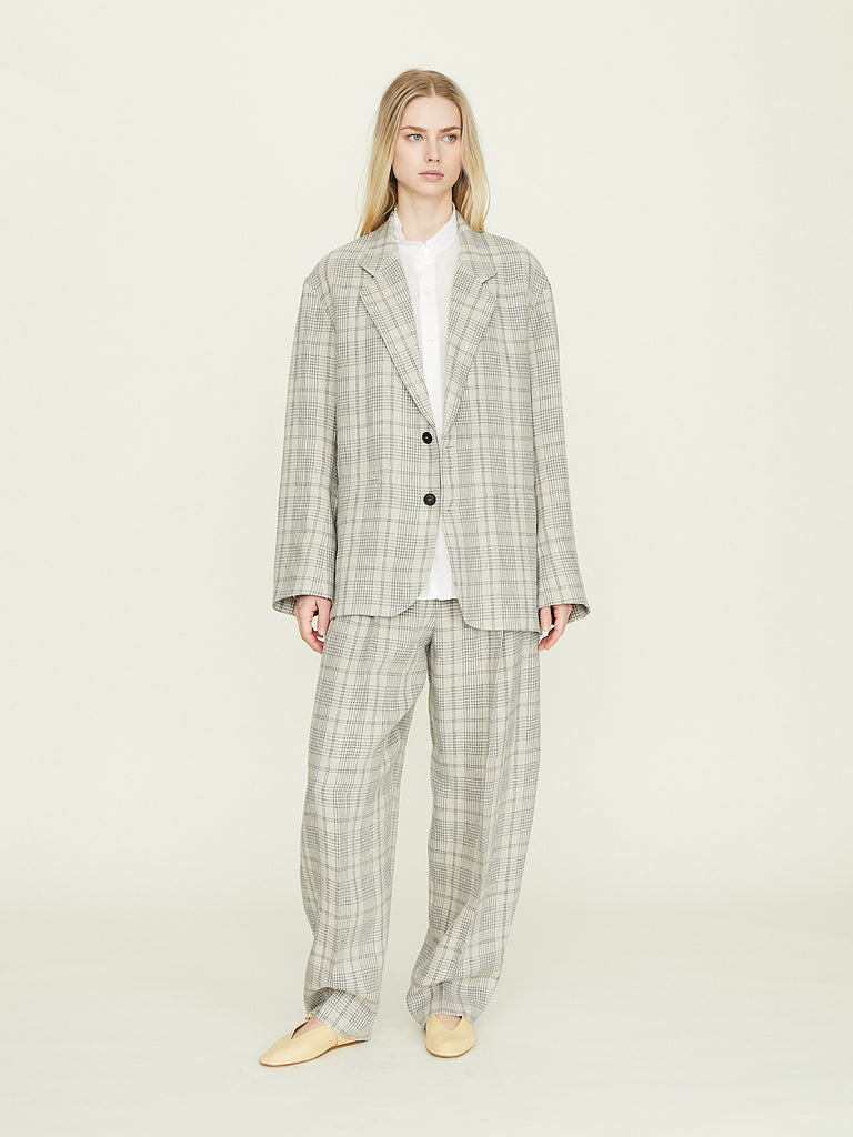 CristaSeya Double Pleated Wide Pants in Cream with Petrol Checks