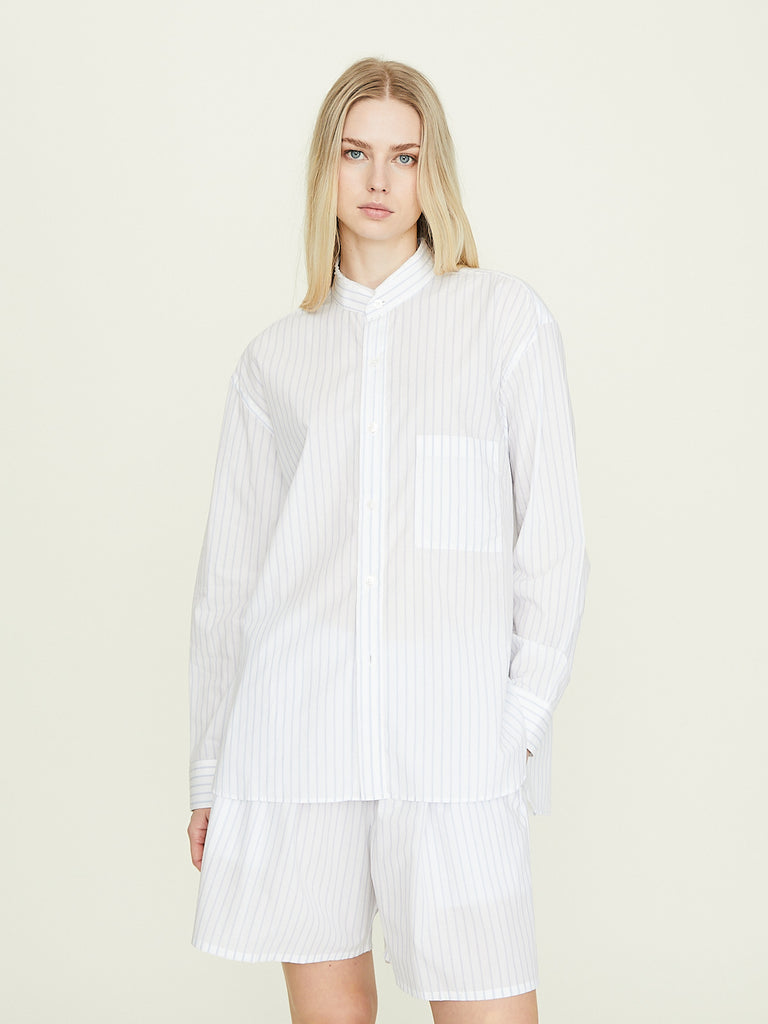 CristaSeya Handmade Fringed Mao Collar Shirt in White with Blue Stripes