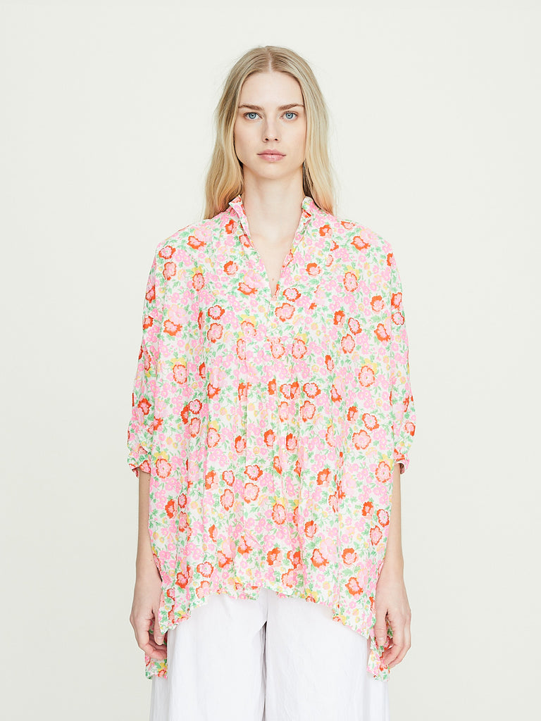 Daniela Gregis Camicione Shirt Kora 25 Lavato in Pink Fluo Flowers Green Leaves