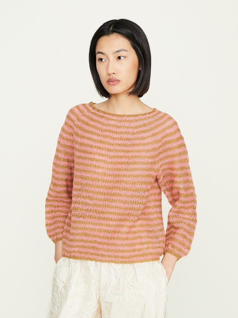 Daniela Gregis - Girocollo Hand-Knitted Crew-Neck Sweater Oceano Rigato in Gold Pink