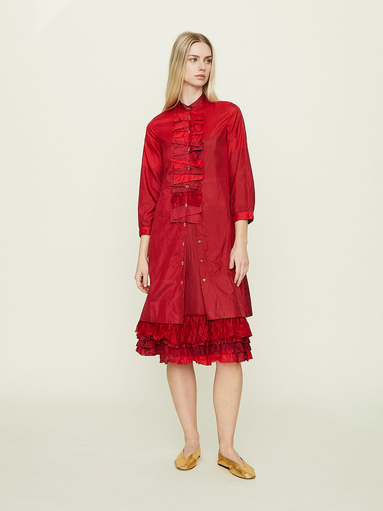 Dosa Jodhpur Shirtdress with Wacky Ruffle in Lipstick