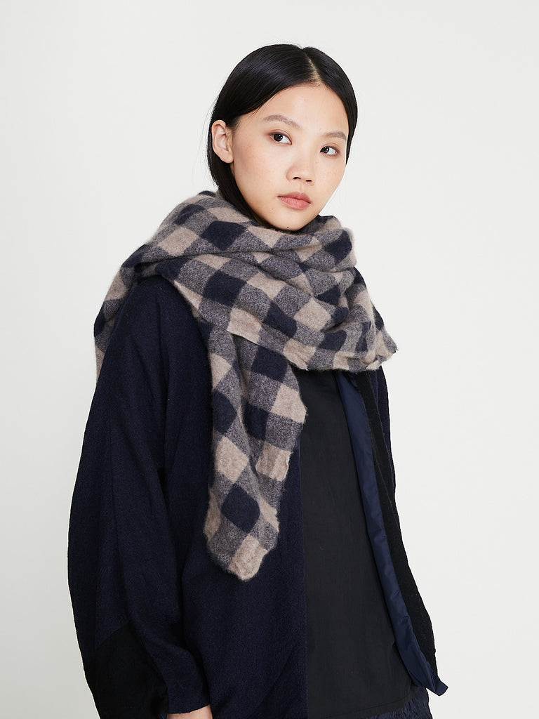 Daniela Gregis - Scialle Shawl Lavato in Dark Blue Brown 5cm Check