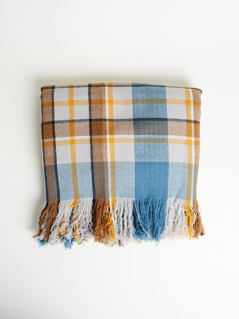 Denis Colomb Sapa Blanket in Blue, Cumin, Light Grey, Camel + Blue Stone