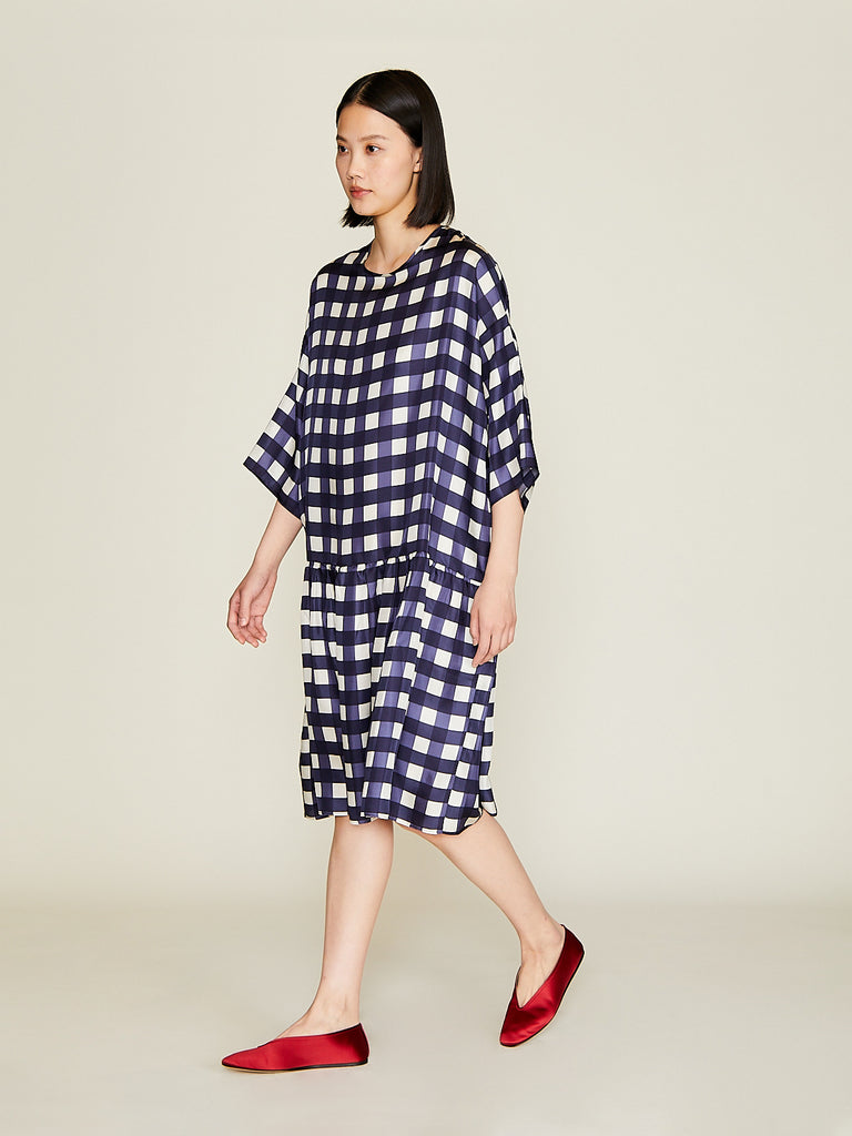 Eleph - Short Mumu Dress in Navy Check Silk