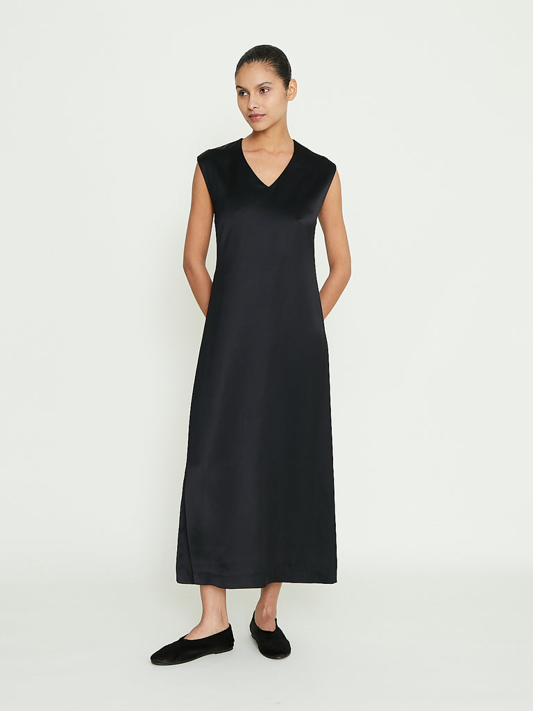 Fforme Callan One Pleat V-Neck Dress in Black