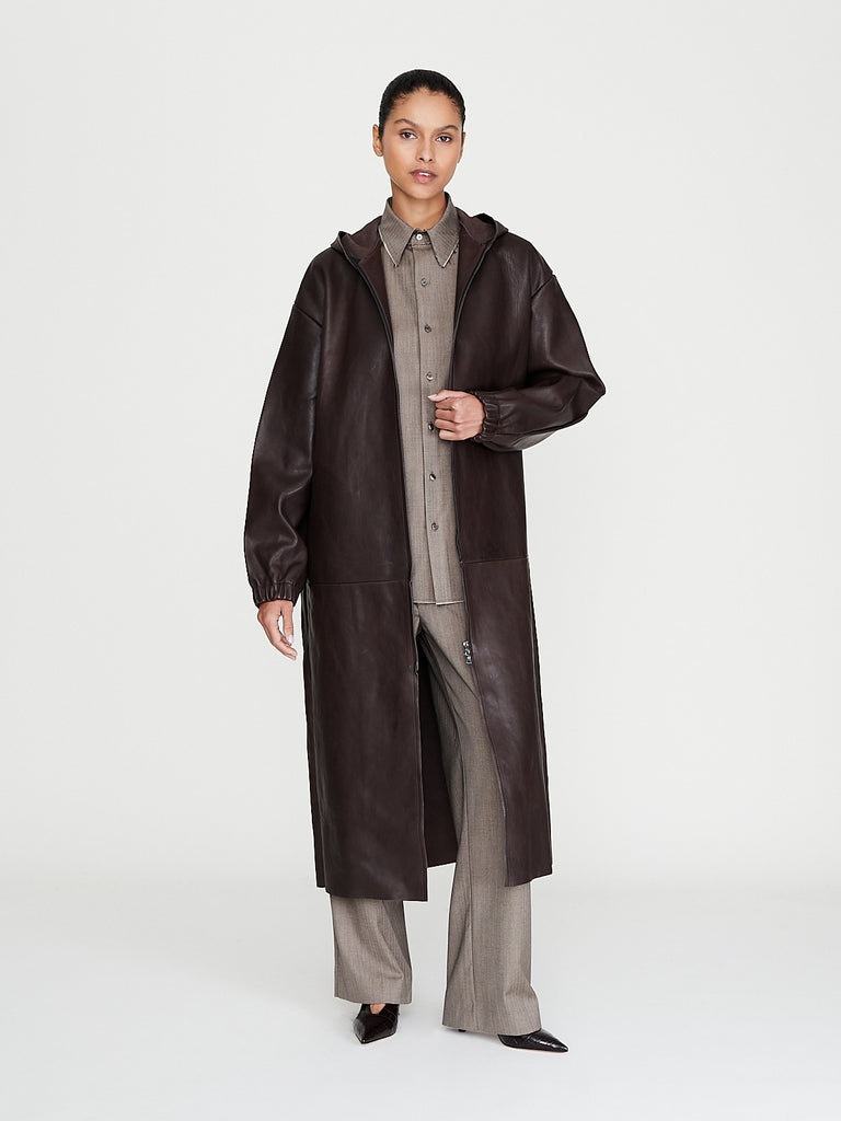 Gabriela Coll Garments - No. 275 Leather Hooded Zipper Coat in Brown