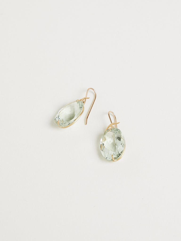 Gabriella Kiss Oval Faceted Green Amethyst Earrings in 18k Yellow Gold