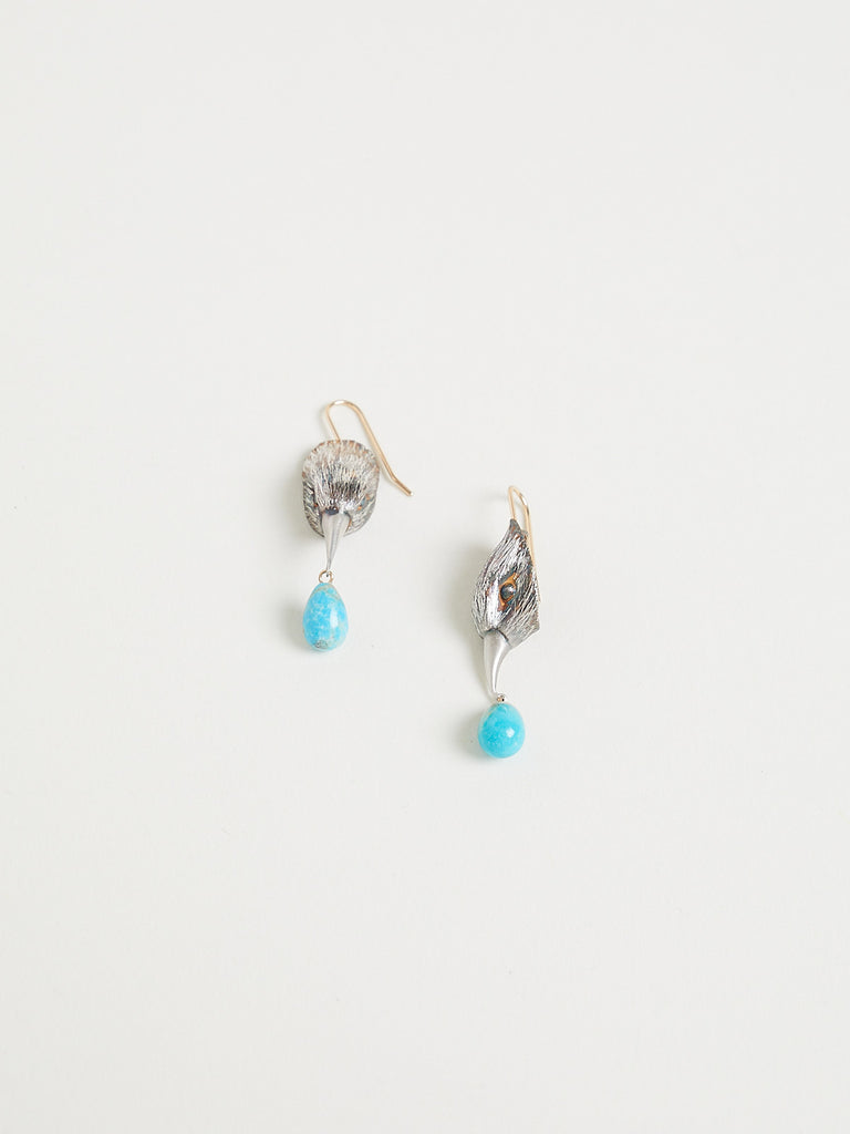 Gabriella Kiss Bird Head Earrings in Sterling Silver with Turquoise Drops
