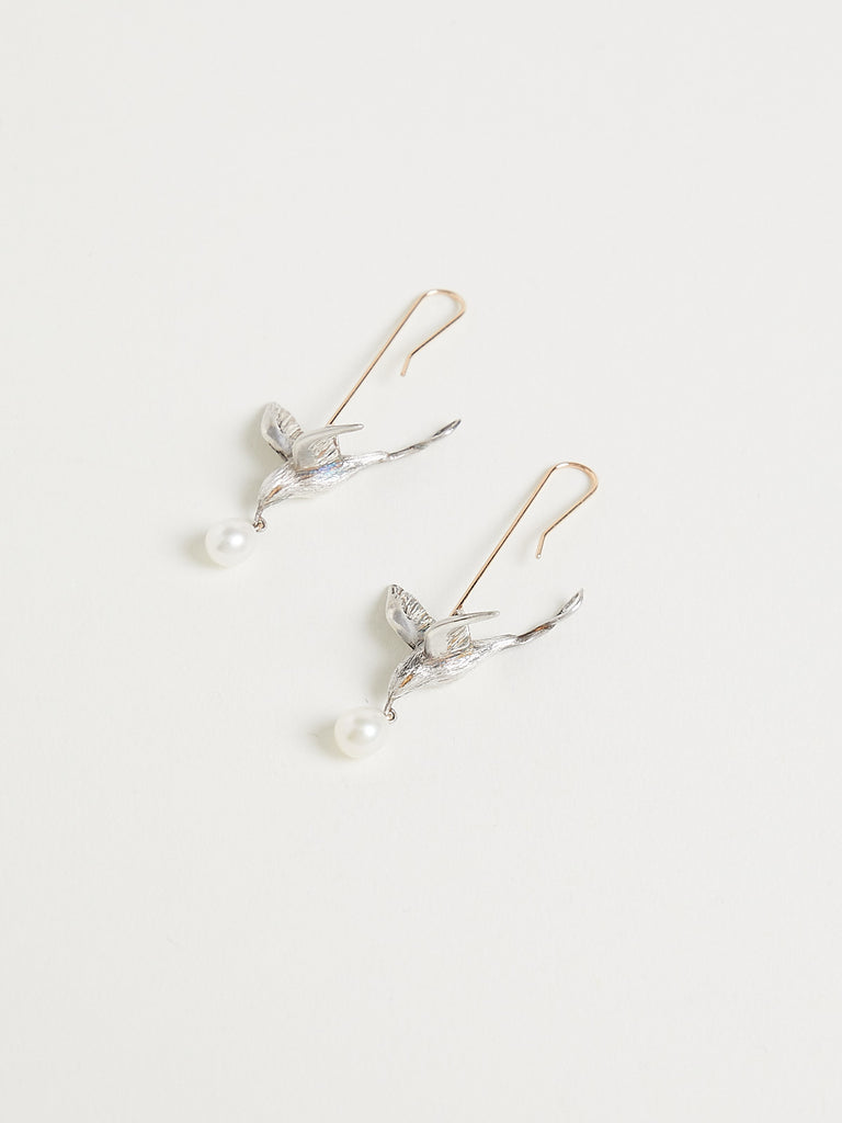 Gabriella Kiss Flying Bird Earrings in Sterling Silver with White Pearls