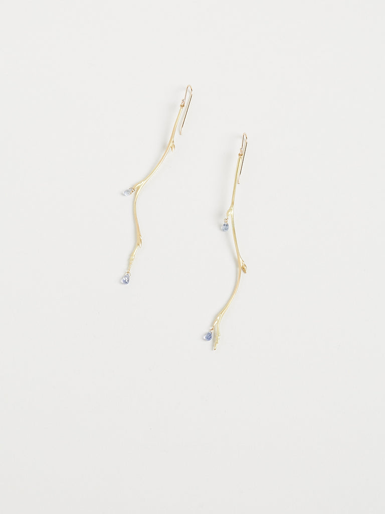 Gabriella Kiss Long Bud Branch Earrings in 18k Yellow Gold with Sapphire