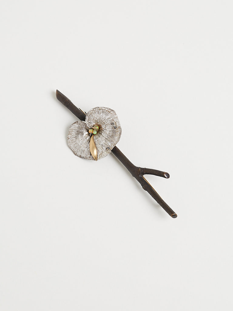 Gabriella Kiss Mushroom Branch Brooch in Bronze/Silver with 18k Yellow Gold Slug, Opals and Black Diamonds