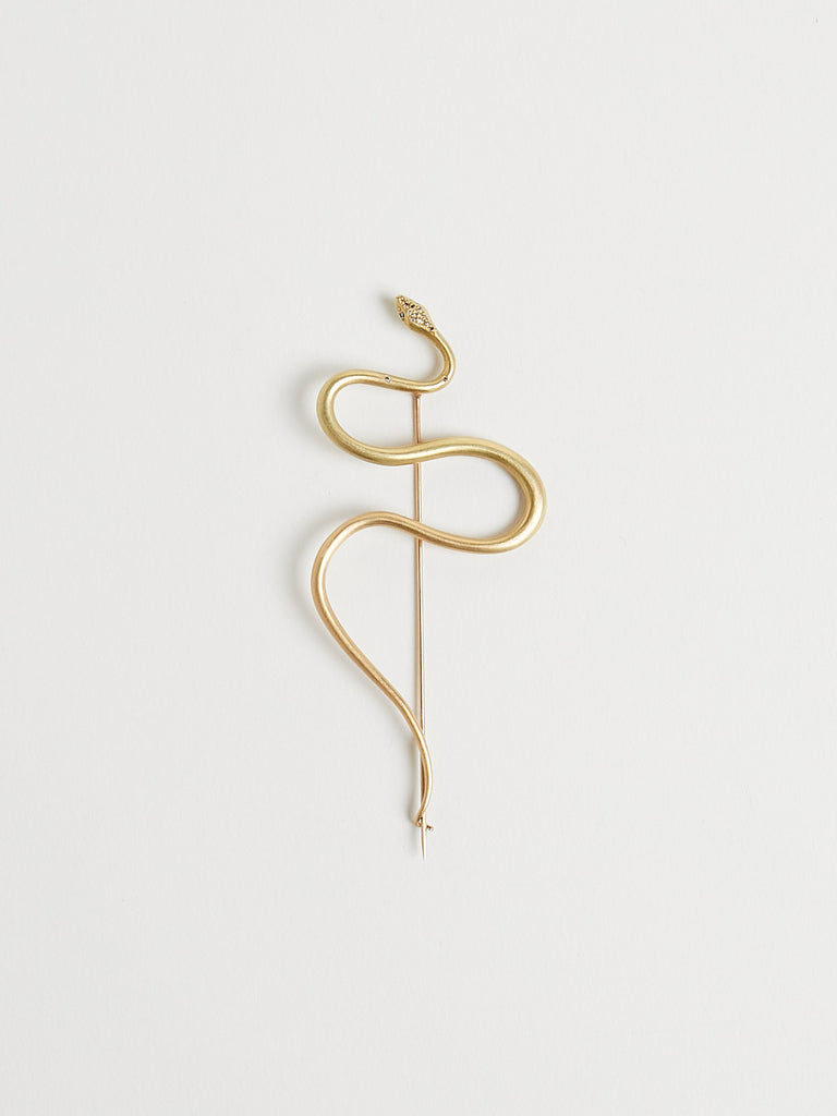 Gabriella Kiss Small Spiral Snake Brooch in 18k Yellow Gold with Diamond Pave Head