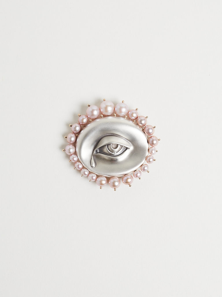 Gabriella Kiss Eye Brooch in Sterling Silver and 14k Yellow Gold with Pink Pearls