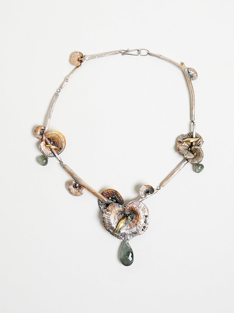 Gabriella Kiss Mushroom Necklace in Sterling Silver with Three 18k Yellow Gold Slugs, Diamonds and Moss Aquamarines