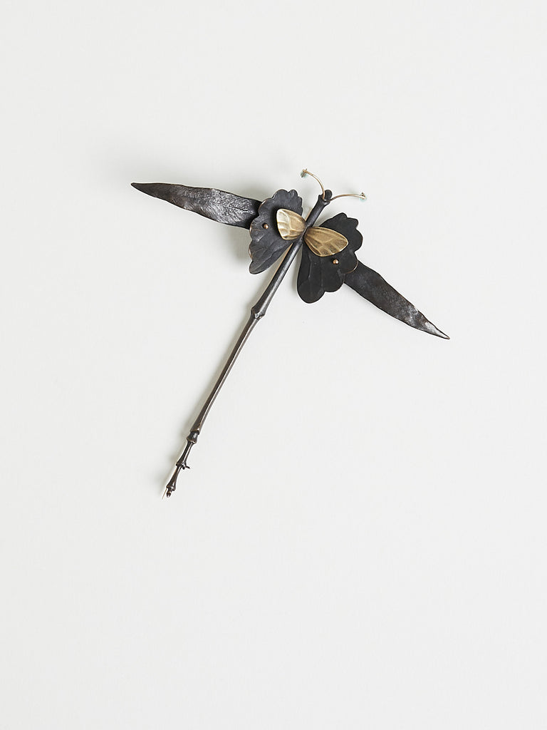 Gabriella Kiss One Off Dragonfly Brooch in Bronze, 18k & 14k Yellow Gold with Tourmaline Drops