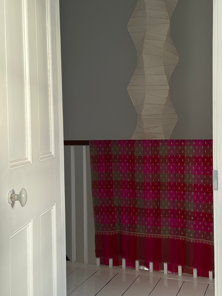 Embroidered Pashmina Shawl in Fuchsia/Red Check with Pastel Embroideries