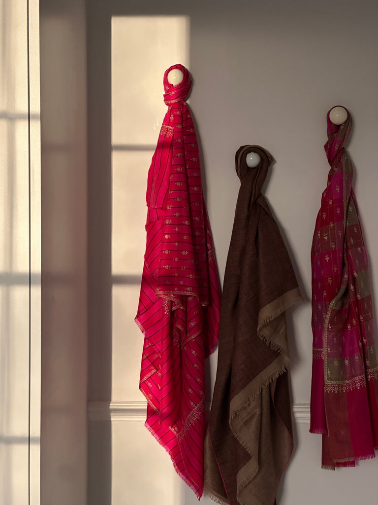 Yaser Shaw - Embroidered Pashmina Shawl in Fuchsia Pink Check with Silver Embroideries