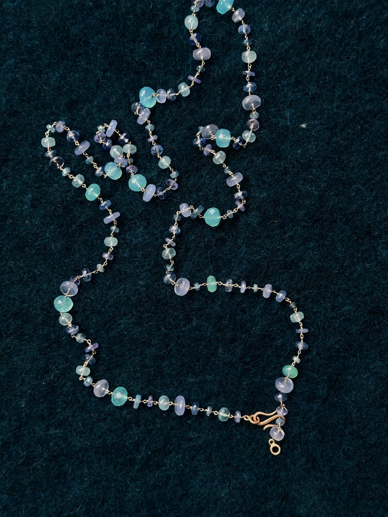 Rosary S Paulette S Necklace with 115.ct of Aquamarine, Kyanite, Sea Agate & Chalcedony on 18k Rose Gold & White Gold
