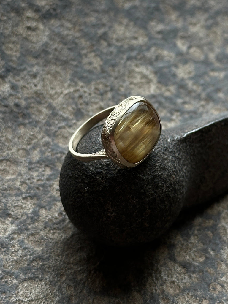 Flame Engraved Ring with 9.5ct Gold Rutilated Quartz on 9k White Gold