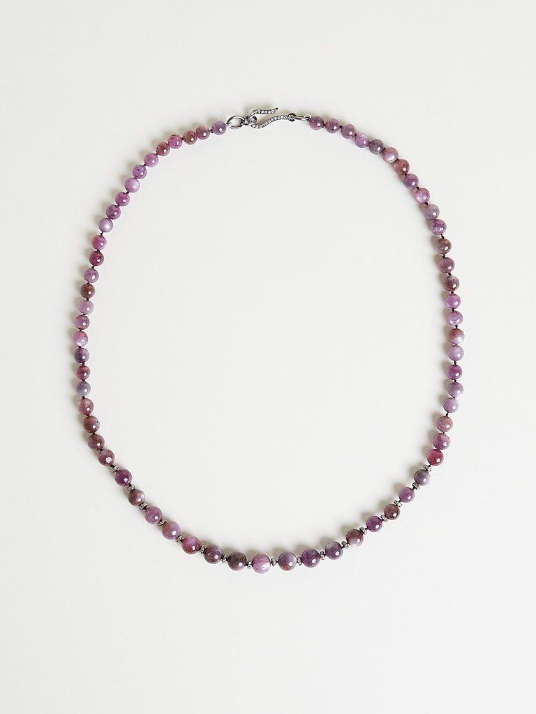 Ileana Makri Round Beaded Ruby Necklace with Sterling Silver Motifs, Grey Diamonds and 18k White Gold Clasp