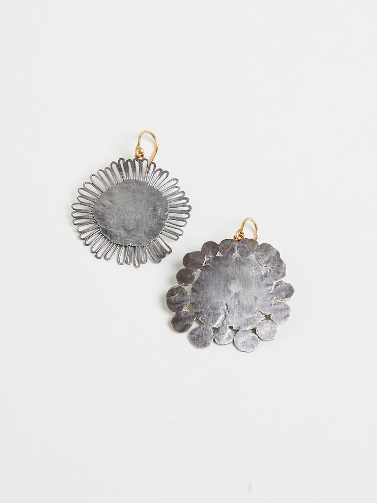 Judy Geib Large Flat Dangly Double Drop Mismatched Flowery Earrings in Silver with 18k Yellow Gold Detail