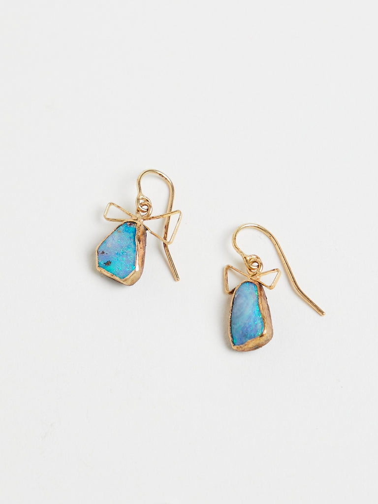 Judy Geib Small Triangularish Opal Earrings with Angular Bow Tops in 18k Yellow Gold and Silver
