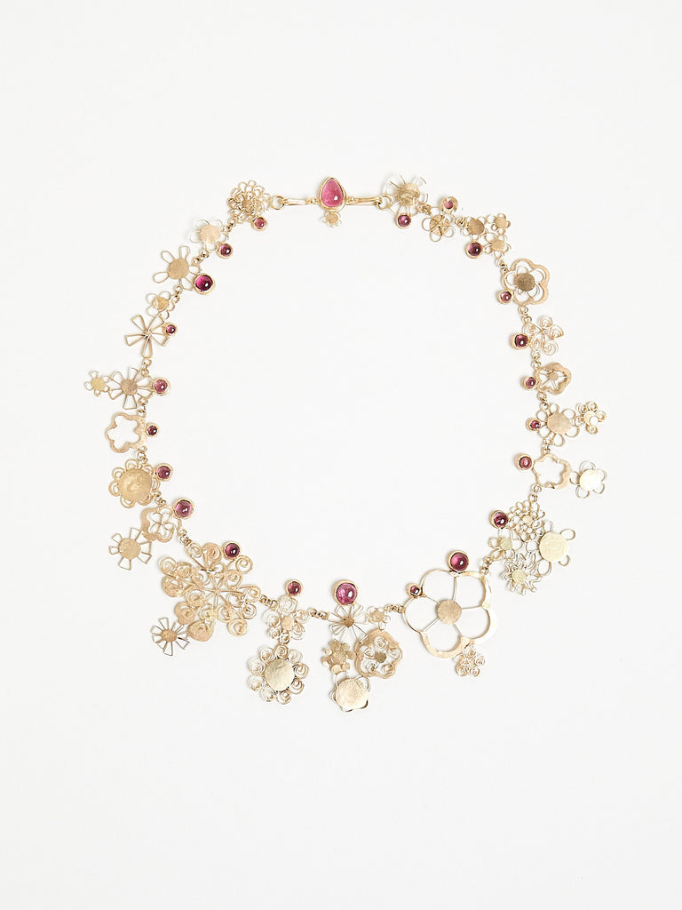 Judy Geib Gold Flowery Necklace with Pink Tourmaline