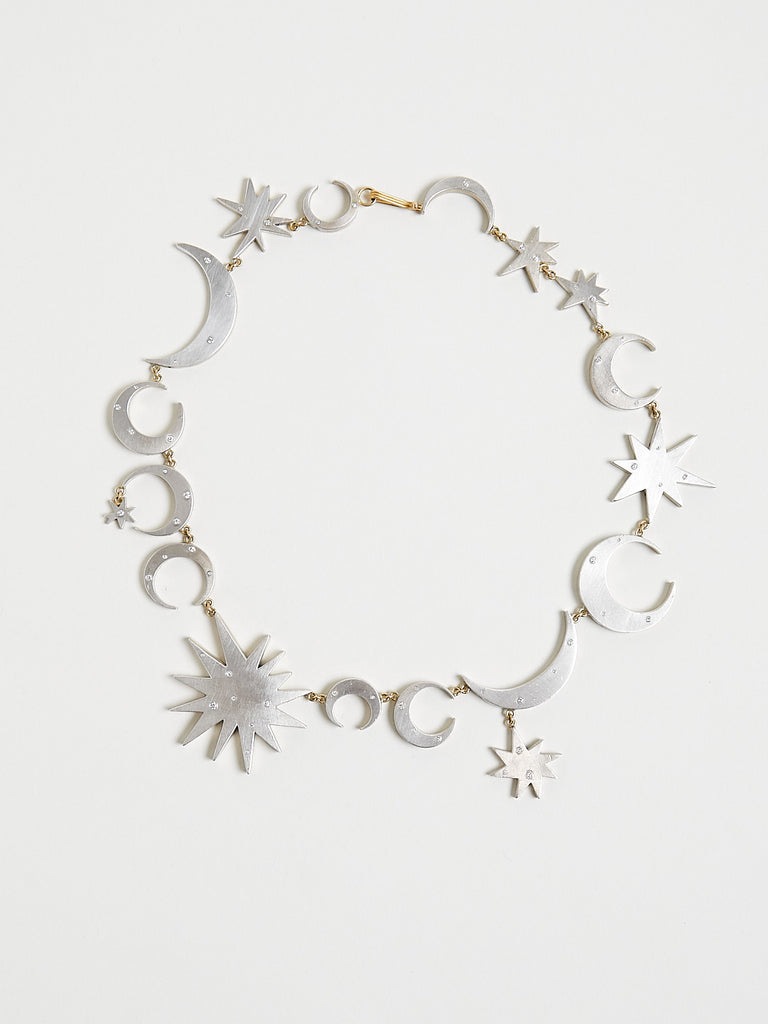 Judy Geib Sun and Moon Intergalactic Necklace in Silver and Gold, Sprinkled with Tiny White Diamonds