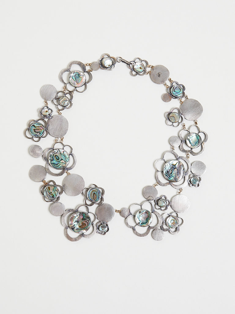Judy Geib Abalone Flowery Peter Pan Collar Necklace in Silver with 18K Gold Details