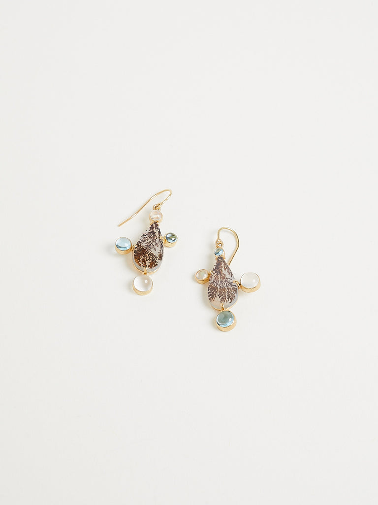 Judy Geib Small Pear Shaped Dendritic Agate Earrings with Blue Topaz and Moonstone Surround, Set in 18k Gold
