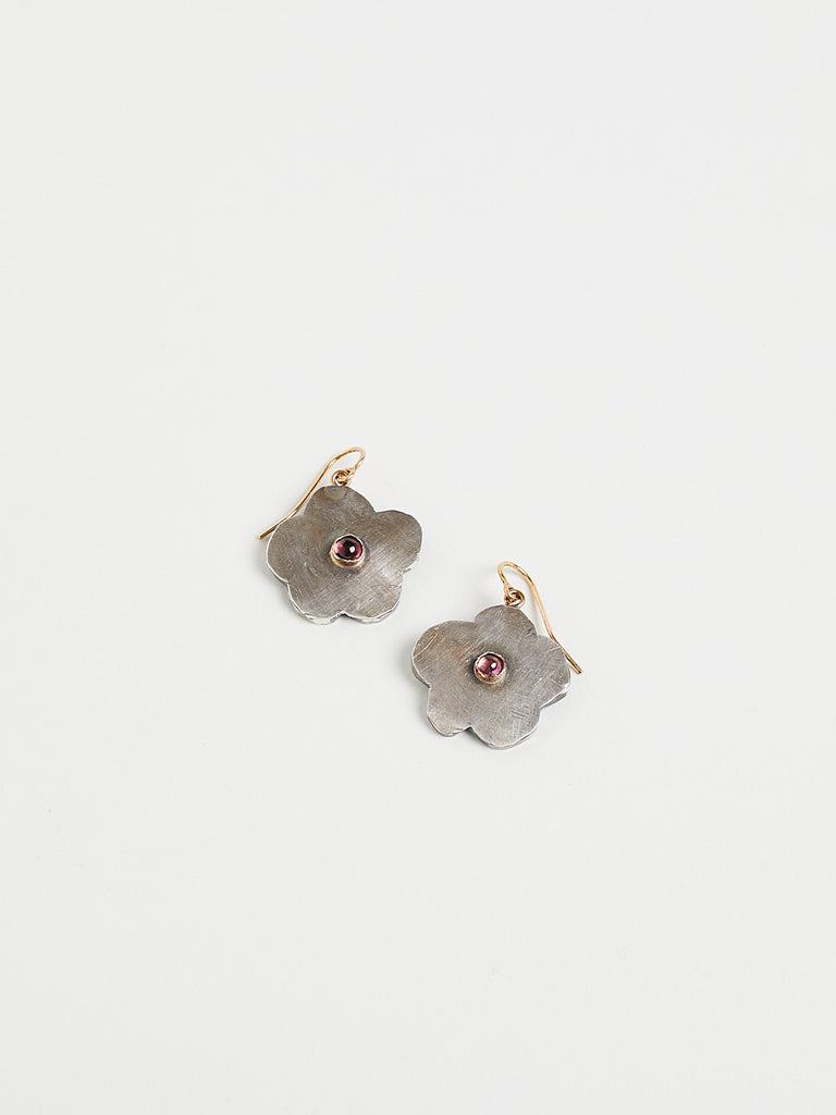 Judy Geib Larger Silver Cherry Blossom Earrings with Pink Tourmaline Cabachon Centers, with 18k Gold Details