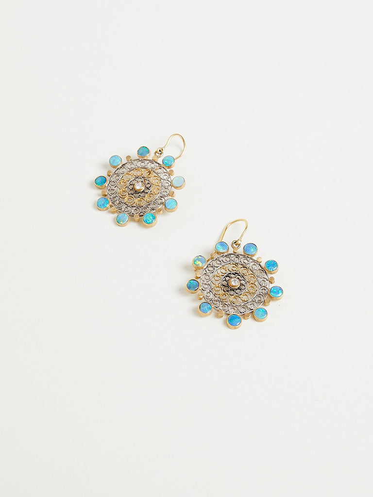 Judy Geib Round Platinum Filigree Earrings with 18k Gold and Opals