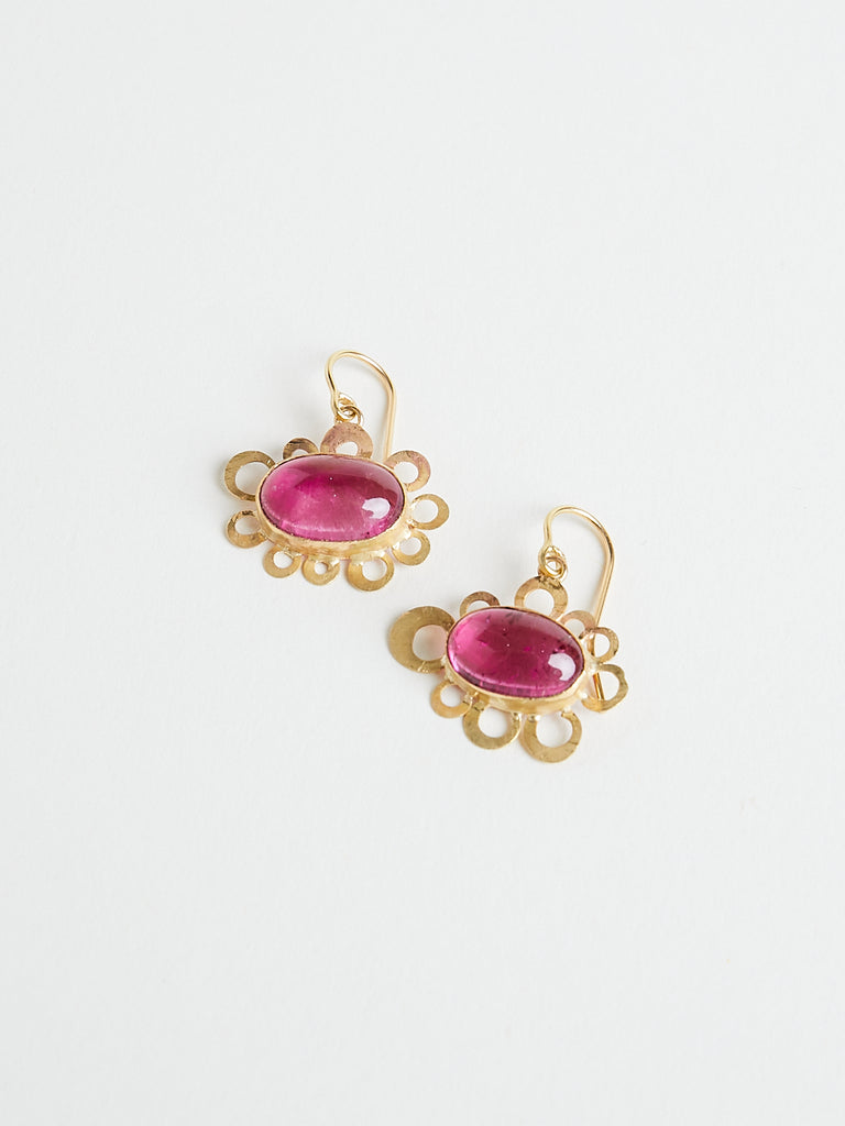 Judy Geib 11.35ct Pink Tourmaline Cabachon Earrings Set in Holes with Flowery Discs in 18k Yellow Gold