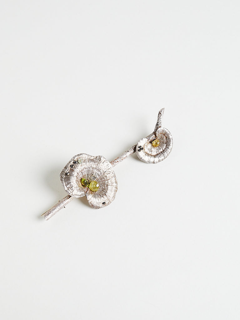 Gabriella Kiss One Of A Kind Mushroom Brooch in Sterling Silver with Black Diamonds and Chrysoberyl