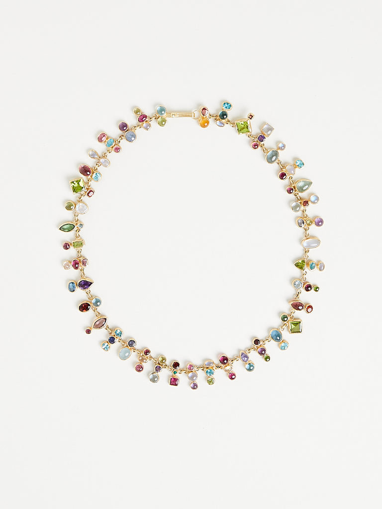 Judy Geib Sweet Necklace of Various Gemstones Including Emerald, Carnelian, Garnet, Orange Sapphire, Blue Topaz, Peridot, Apatite, Pink Sapphire, Moonstone, Pink Tourmaline, Blue Sapphire, Indicolite and Amethyst Set in 18k Yellow Gold with Silver Details
