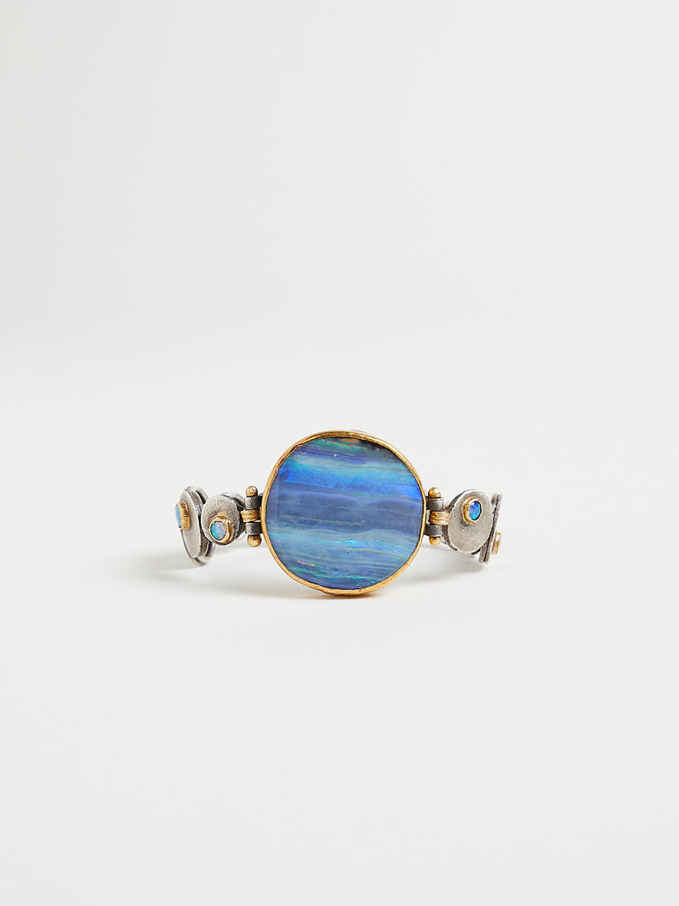 Judy Geib Round Flashy Opal with A Thick Squash with Eccentric Opal Band, Set in 22k/18k Gold and Silver