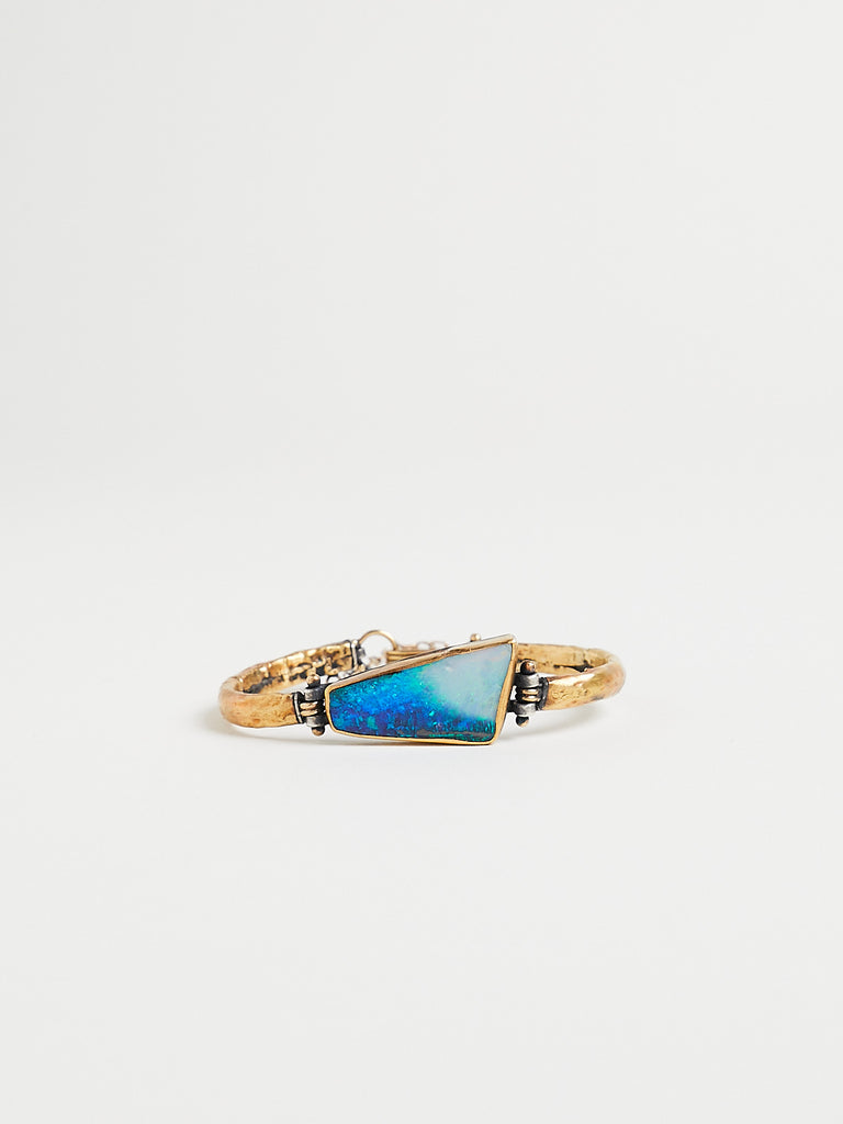 Judy Geib Trapezoidal Lovely Bright Blue and White Flashy Opal Cuff Band, Set in Silver and 22k Gold with 18K Details