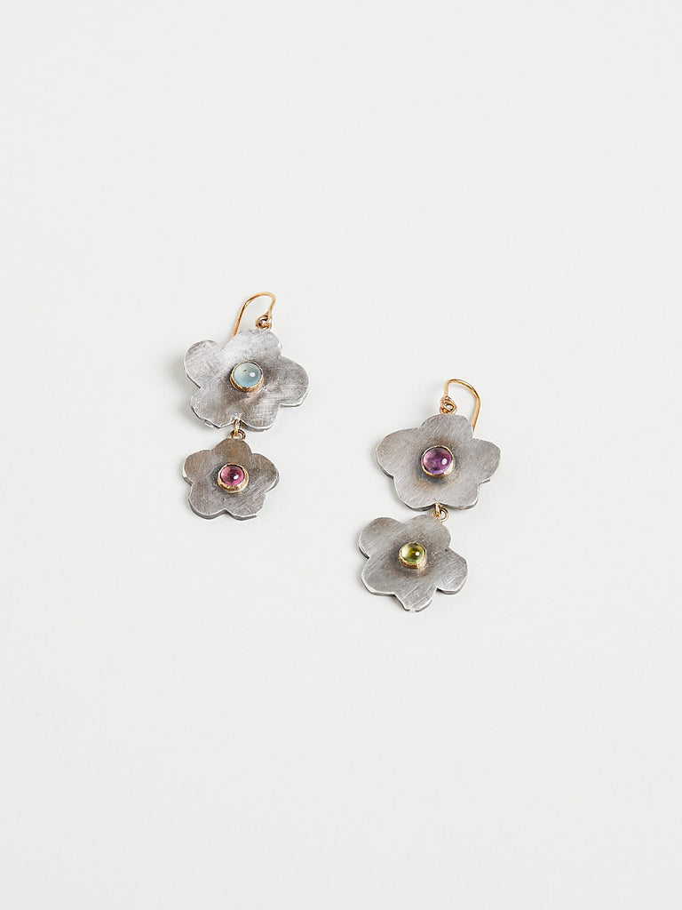 Judy Geib Silver Cherry Blossom Double Drop Earrings with Semi-Precious Stone Centers, with 18k Gold Details
