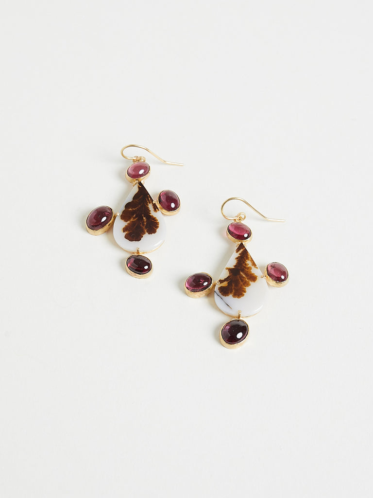 Judy Geib Graphic Pear-Shaped Dendritic Agate Earrings With Oval Garnet Surrounds, Set In 18k Yellow Gold