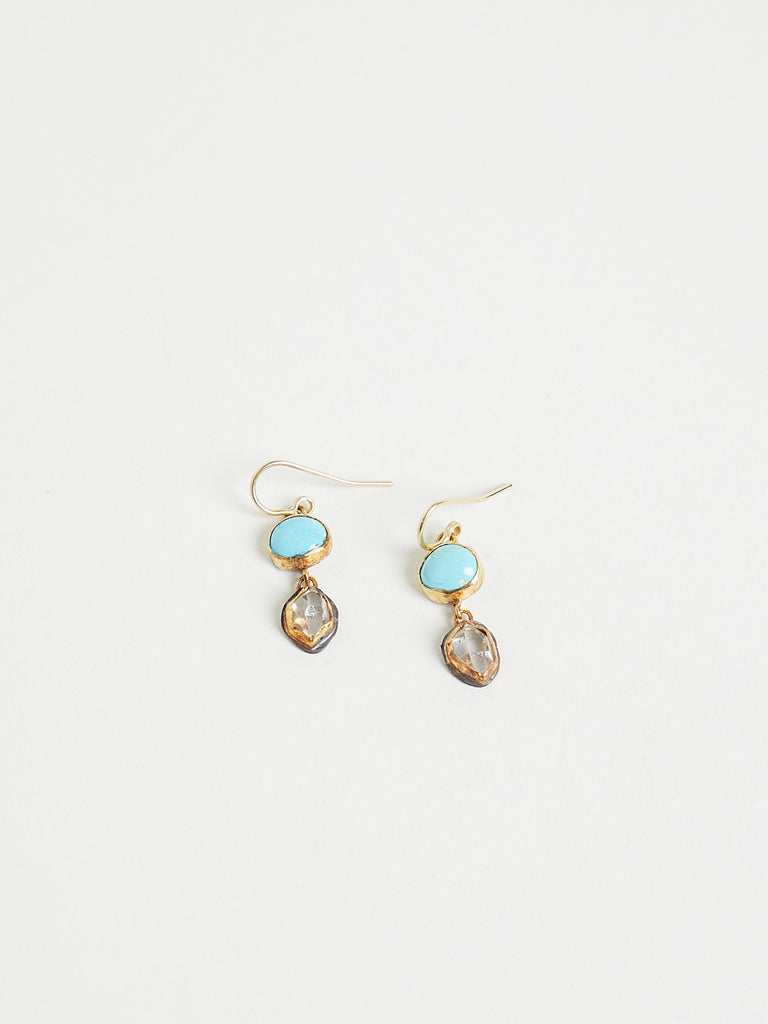 Judy Geib Persian Turquoise And Herkimer Diamond Double Drop Earrings in 18k Yellow Gold And Silver