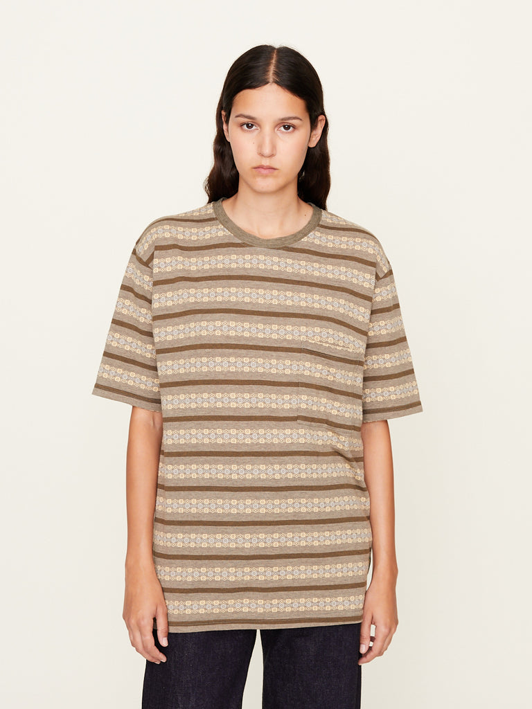 Kapital - Sunrise Jacquard Stripe Jersey Pennant Tee in Gray x Khaki