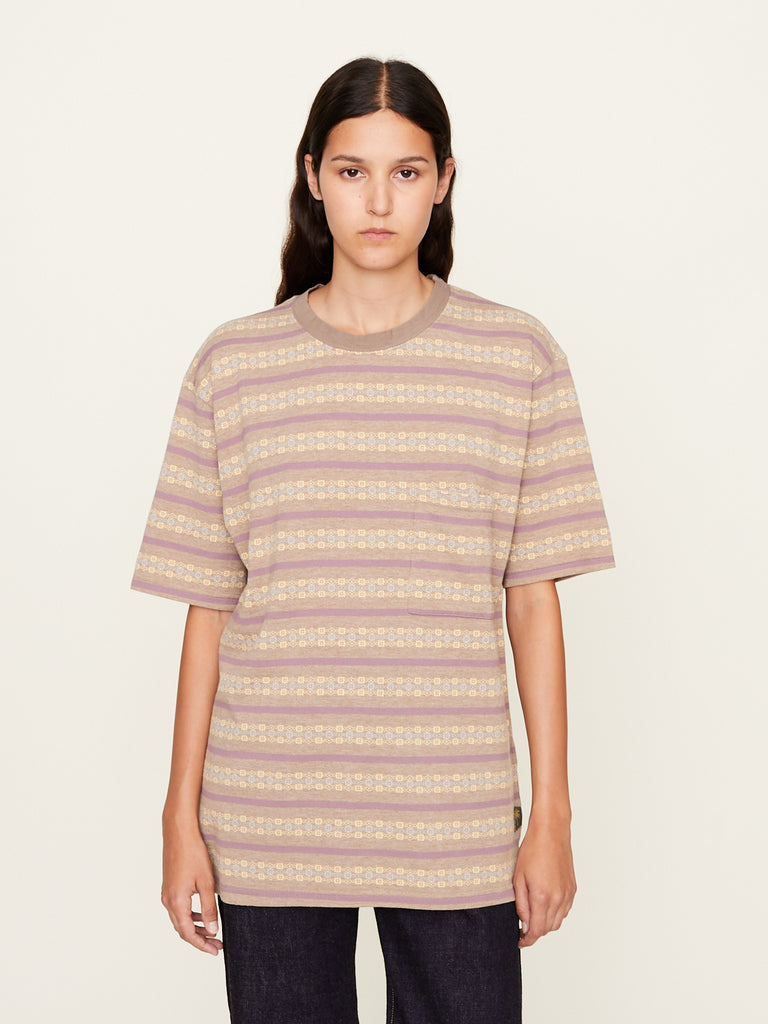 Kapital - Sunrise Jacquard Stripe Jersey Pennant Tee in Light Brown x Purple
