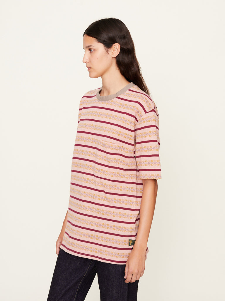 Kapital  - Sunrise Jacquard Stripe Jersey Pennant Tee in Pink x Burgundy