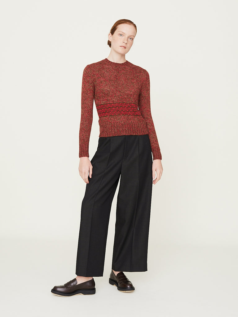 Knitbrary Round Neck Jacquard Sweater in Ermine/Wood/Red