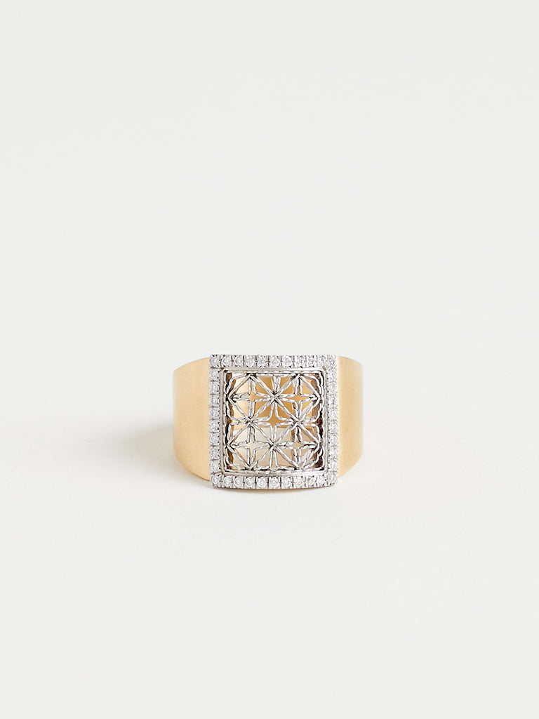 Nikolle Radi Vault Damask Ring with Pave White Diamonds in 18k Yellow Gold and Platinum