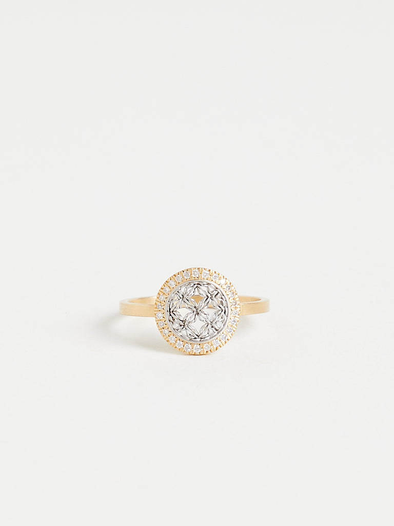 Nikolle Radi Small Round Damask Ring with Round White Diamonds in 18k Yellow Gold and Platinum
