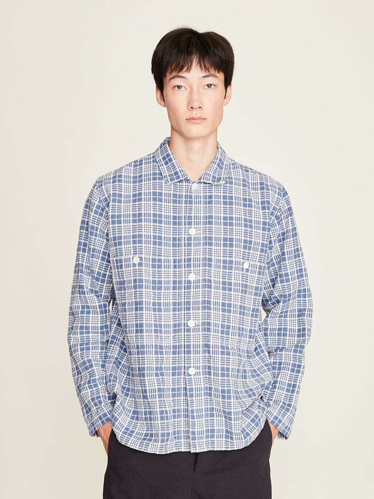 Oliver Church - Industrialised Over Shirt in French Cotton/Linen/Silk Indigo Check