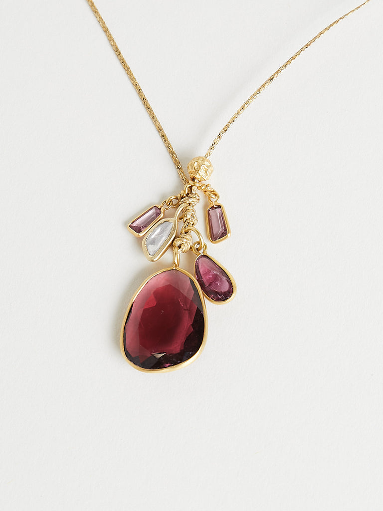 Pippa Small 18k Yellow Gold Cluster Necklace with Peppercorn, Diamond, Pink Tourmaline & Spinel on Cord