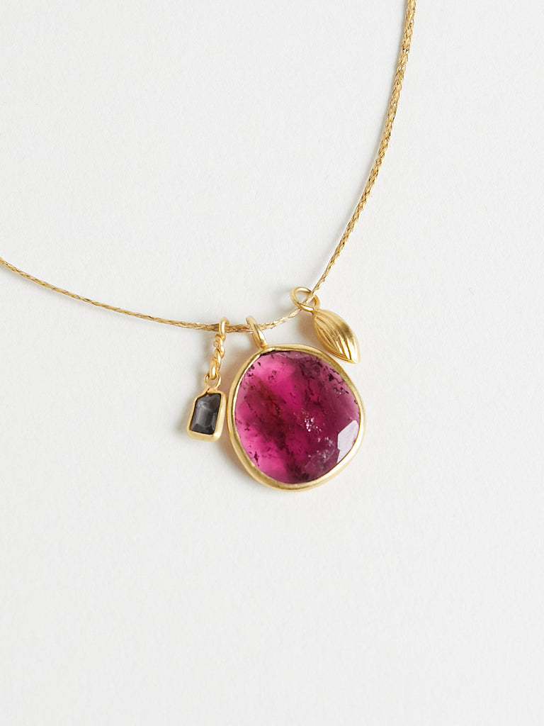 Pippa Small 18k Yellow Gold Cluster Necklace with Seed, Pink Tourmaline & Spinel on Cord