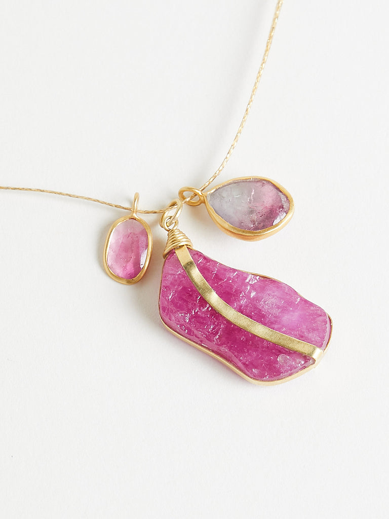 Pippa Small 18k Yellow Gold Cluster Necklace with Pink Tourmaline & Water Tourmaline on Cord